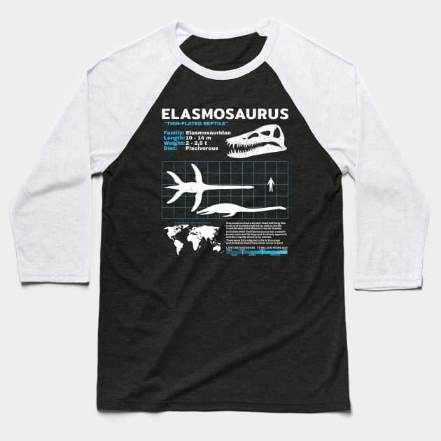 Elasmosaurus Dinosaur Fact Sheet Baseball T-Shirt by NicGrayTees